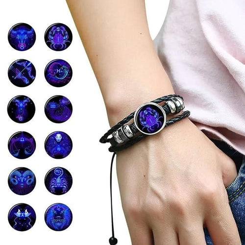 Bracelet en Cuir Noir Ajustable Gardien de la Constellation du Zodiaque