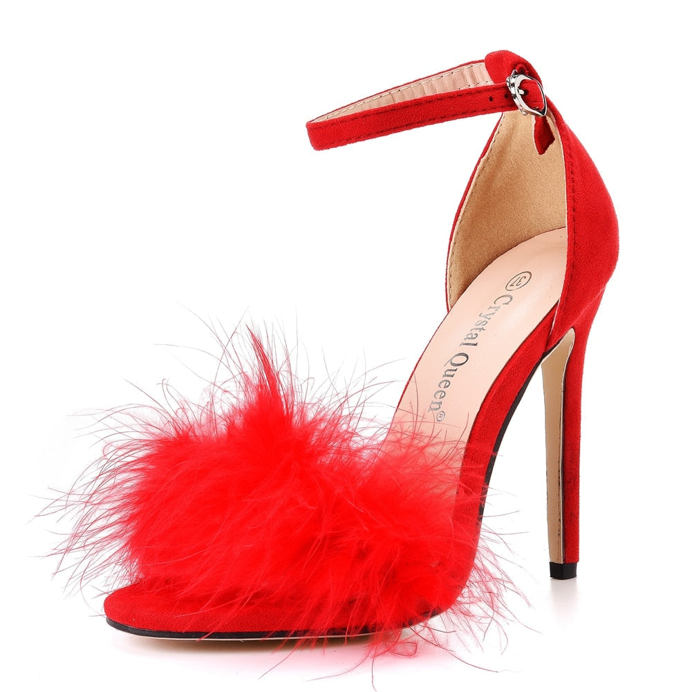 Flauschige Peep Toe Stilettos mit Fellfeder